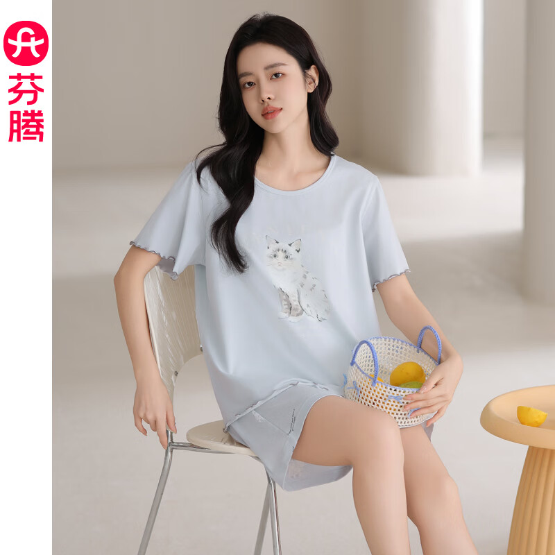 芬腾睡衣女士夏款纯棉短袖短裤套装2026新款夏季可外穿可爱家居服 FX26920469冰兰 L 建议110-125斤