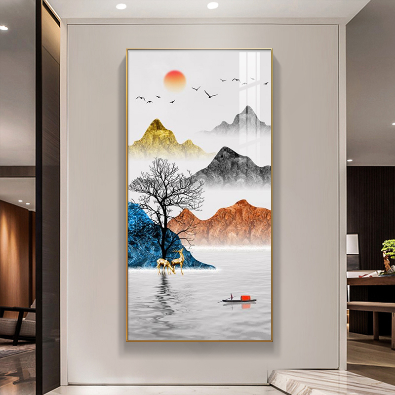 【轻奢高端】旭日东升玄关画入户玄关装饰画现代中式山水竖版晶瓷画