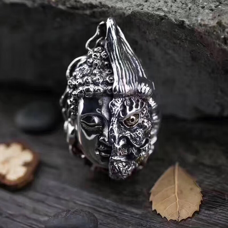 墨洋风 半佛半魔吊坠s925一面佛一面魔银吊坠鬼面佛项链佛魔一念之间