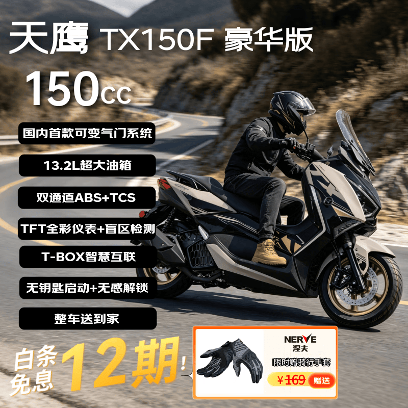 天鹰TX150F豪华版 燃油踏板摩托车复古摩旅通勤代步雅灰 26款赠手套