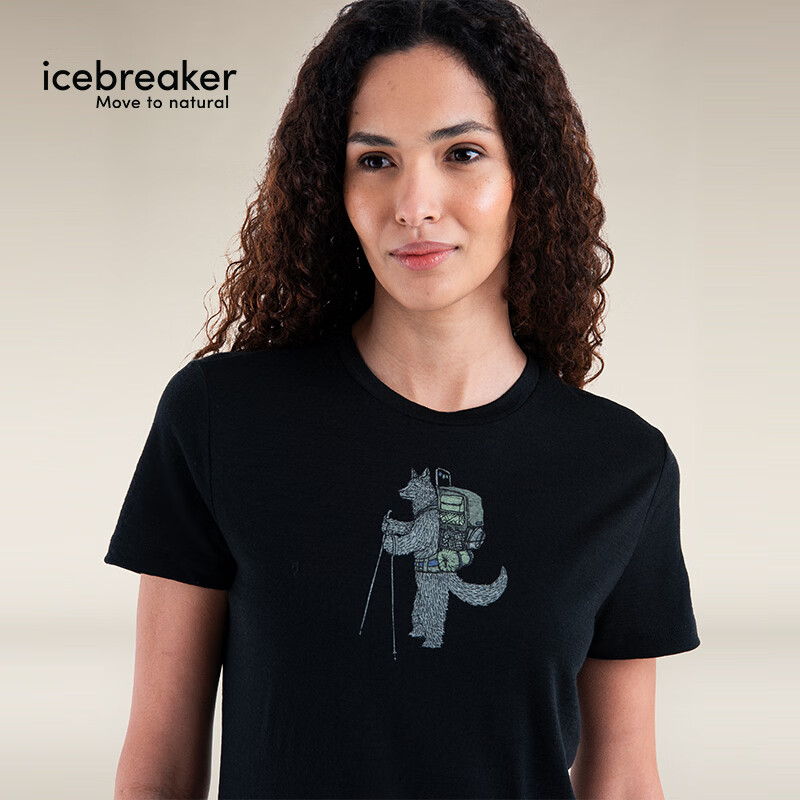 icebreaker100%美利奴羊毛女150 Tech Lite吸湿排汗印花短袖T恤 纯黑-0A575X001 L