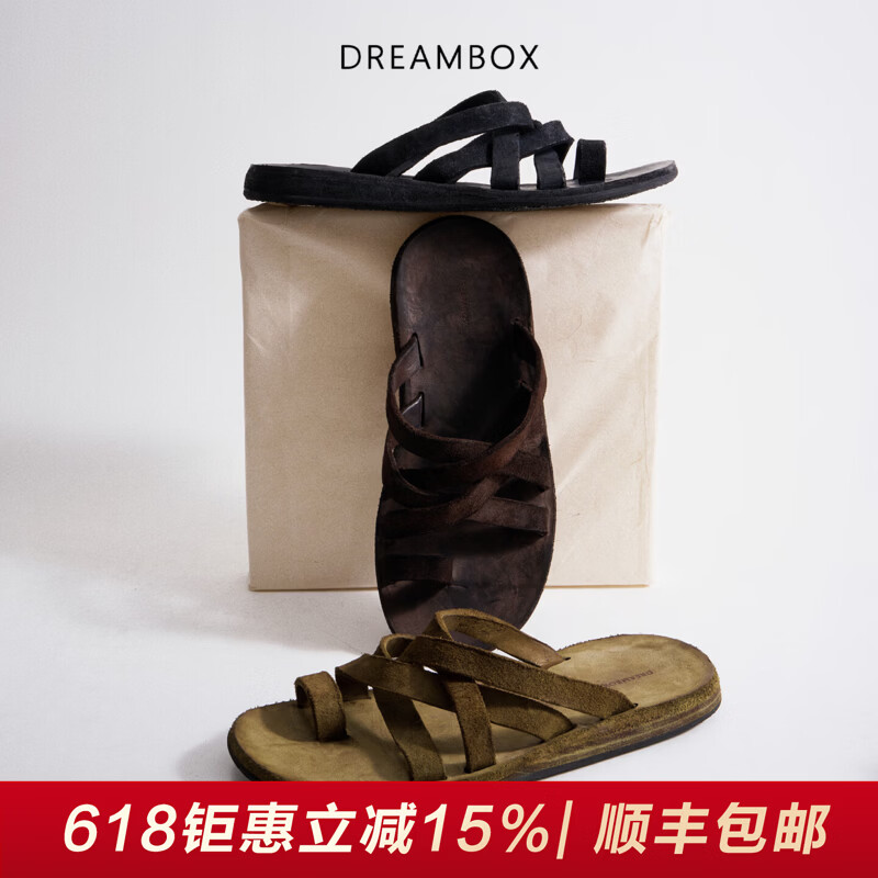DREAMBOX水洗马皮平底罗马凉鞋2026夏季新款透气舒适夹趾拖鞋 陨石黑 36 女码