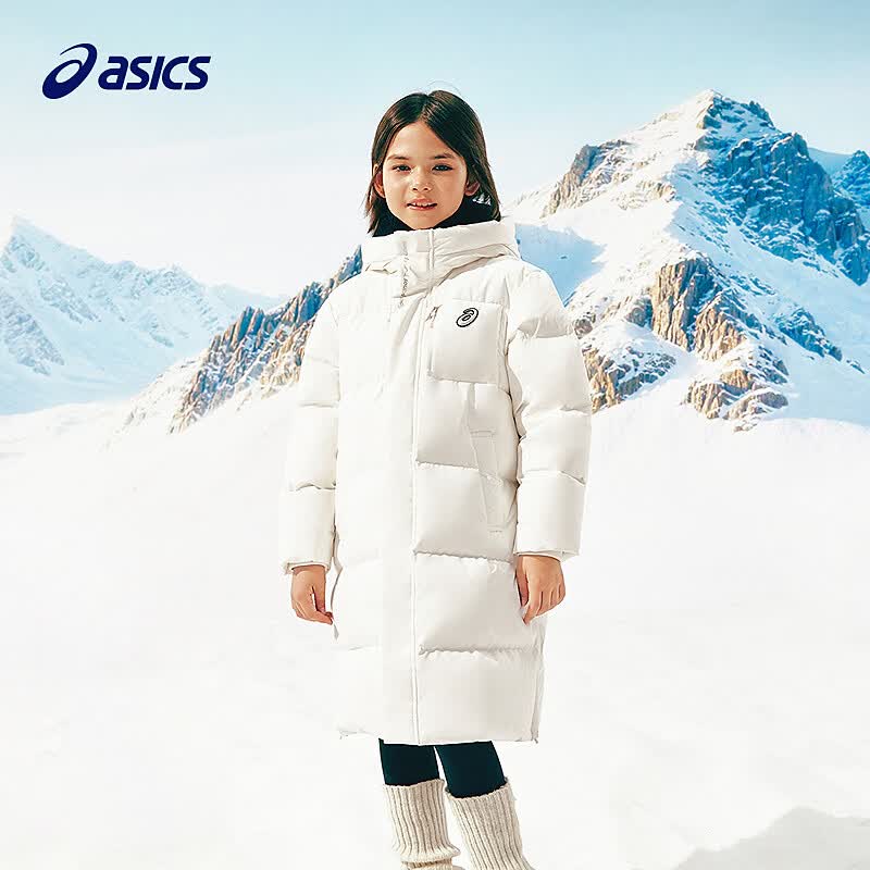 亚瑟士（asics）26年中大童男女冬季新款三防远红外升温长款厚羽绒服 85%绒含量-本白 130 （充绒量142.2g）