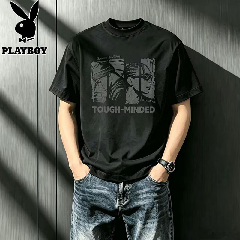 花花公子（PLAYBOY）美式字母立体烫印花水洗短袖T恤男宽松潮牌纯棉复古上衣 T939黑色 6XL