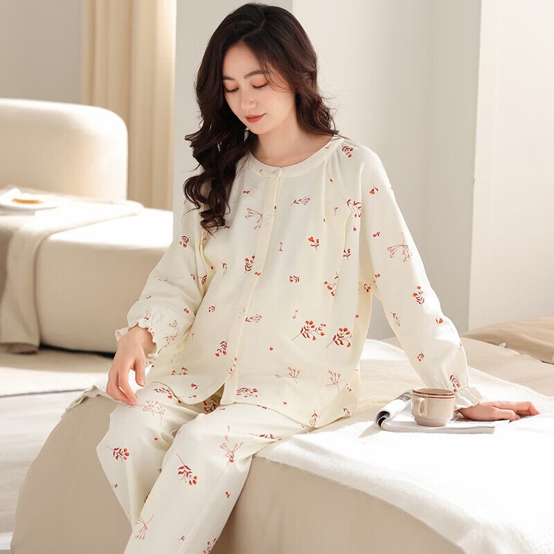 ROVO月子服孕妇装产后睡衣套装夏季薄款产后喂奶产妇哺乳家居服 米色碎花 XXL