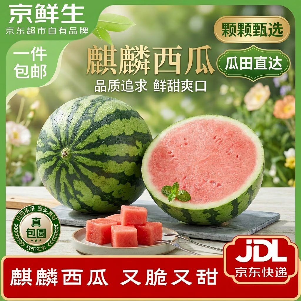 京鲜生 无籽麒麟瓜西瓜 1粒装 净重5-7斤 生鲜水果源头直发包邮