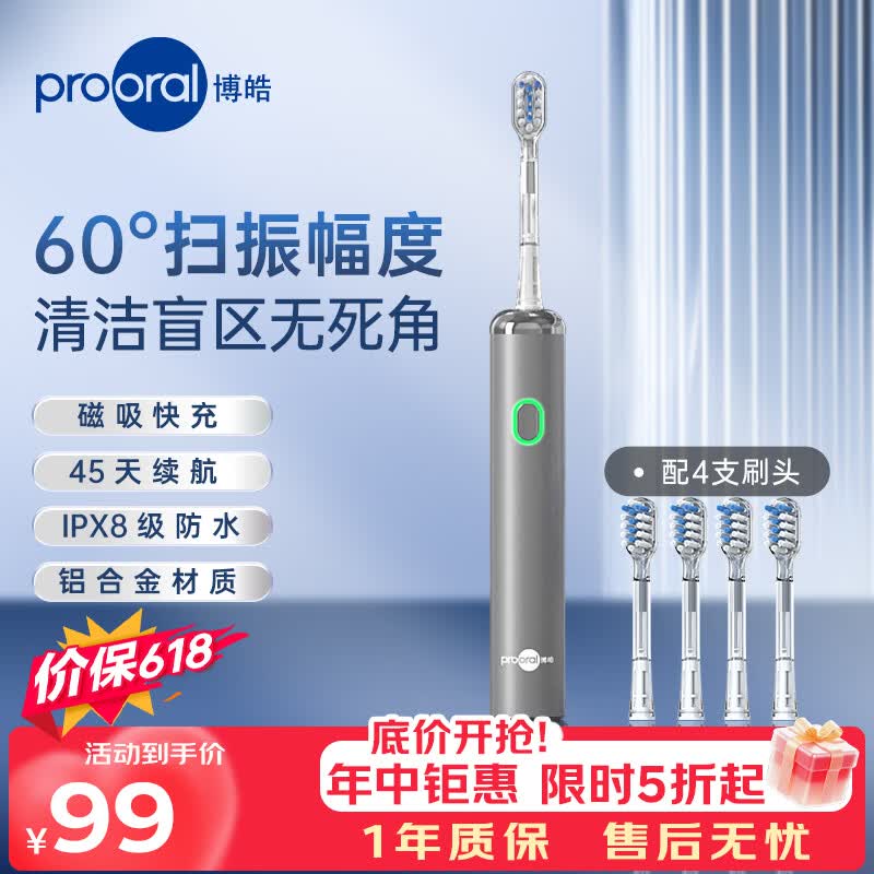 博皓（prooral）价低头部主播9折】电动牙刷礼盒装成人扫振智能牙刷磁吸充电情侣款牙刷送学生朋友520礼物 LS-1 单支银色