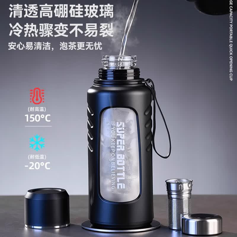 JCZS品质防摔大容量玻璃杯便携带盖耐高温水杯茶水分离泡茶杯 智能睿智黑500ml【茶水分离+一杯双盖+杯盖可喝