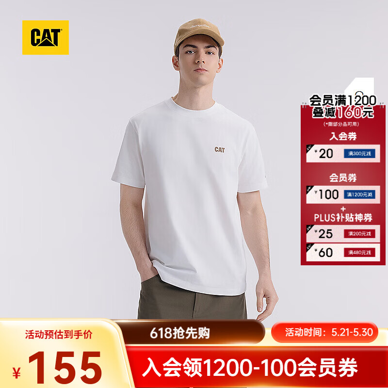 卡特（CAT）夏季男士短袖全棉户外通勤美式微落肩山系印花图案简约百搭T恤 杏色 2XL