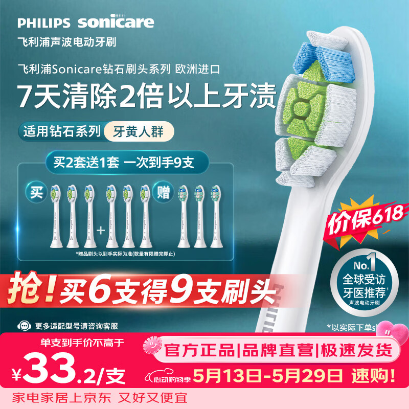 飞利浦（PHILIPS）电动牙刷头W2亮白型官方原装欧洲进口适配钻石1/3/3pro/CI/导航刷系列刷柄 3支装HX6063/67 白色