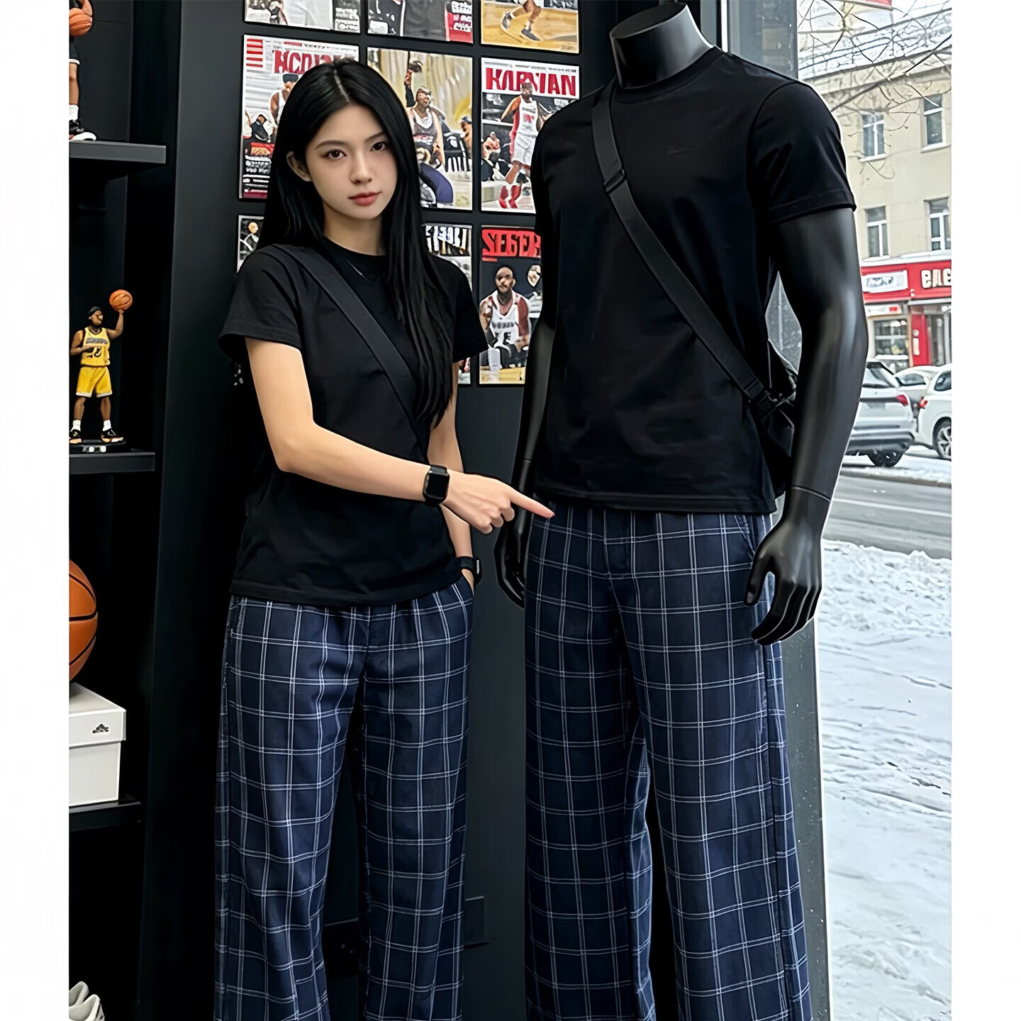 啄木鸟休闲裤男夏季新款美式复古格子裤子男女同款潮流百搭裤子夏季男裤 深蓝色 XL 建议130-150斤