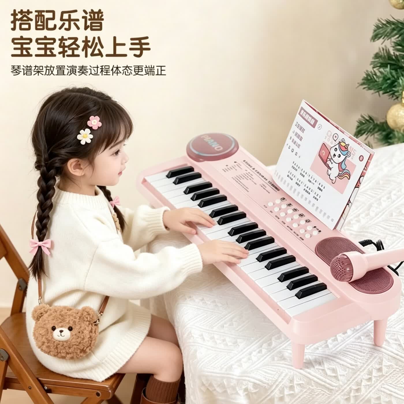 俏娃宝贝（QIAO WA BAO BEI）儿童电子琴玩具女孩小钢琴带话筒宝宝音乐乐器1-3-6岁2生日礼物男 粉：多功能儿童电子琴+话筒+乐谱+小支架