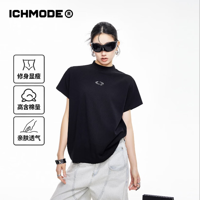 ICH MODE美式花卉刺绣正肩短袖T恤女春夏新款修身半高领半袖上衣 黑色 XL