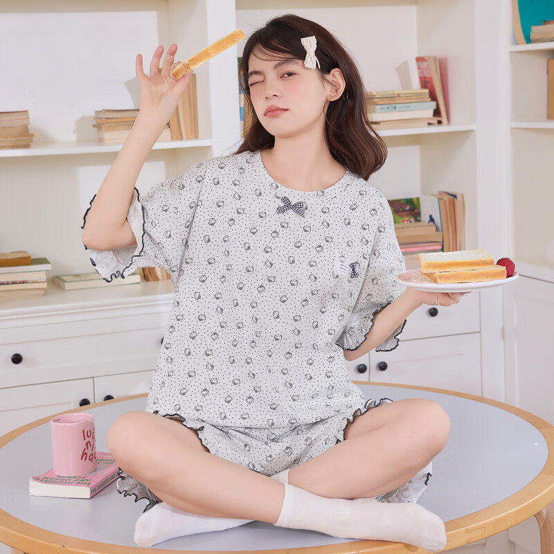 芬腾可安（FENTENGCARE）纯棉睡衣女士夏季短袖短裤套头大码宽松可爱卡通家居服两件套 CRS-36761女 XL