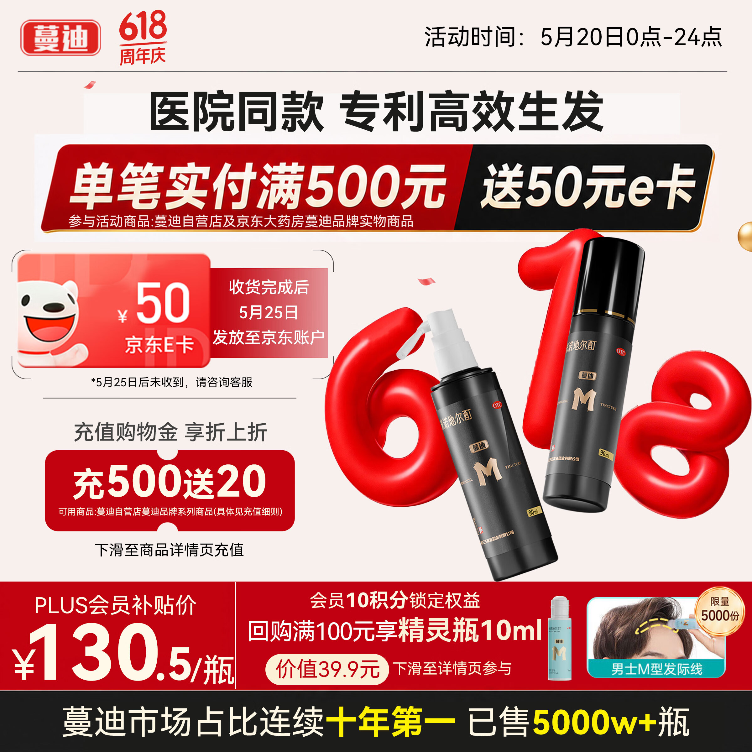 蔓迪生发喷雾5%米诺地尔酊90ml*2瓶男士专用治脱发育发斑秃原液搽剂曼迪京东自营米洛地尔生发剂