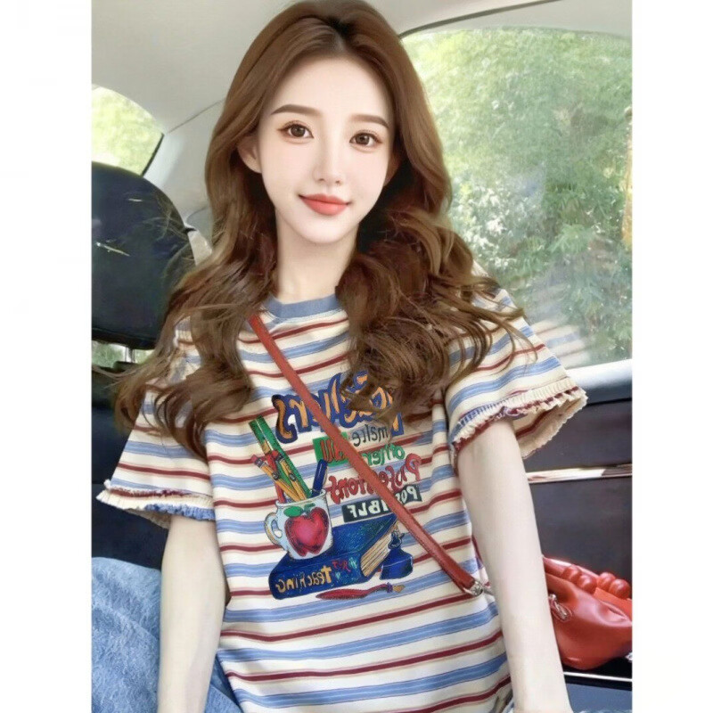 条纹短袖印花学院风宽松休闲女T恤夏季新款遮肉显瘦设计感上衣女 蓝色条纹 M 建议100-120斤
