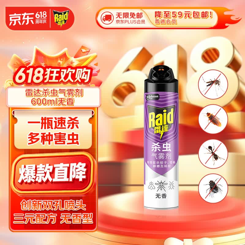 雷达（Raid）杀虫剂喷雾灭蚊喷雾600ml（无香型）杀虫剂家用室内灭蟑螂蚁苍蝇