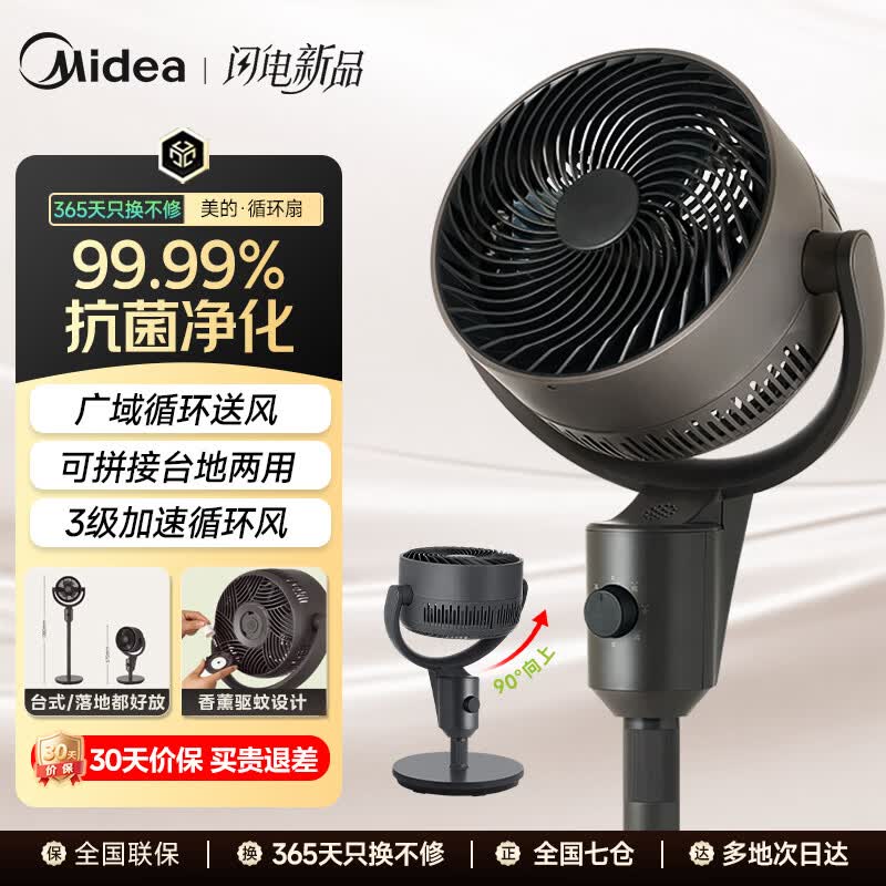 美的（Midea）落地空气循环扇家用电风扇大风力摇头卧室轻音节能落地扇台立两用落地扇节能低噪全屋循环换气扇  【循环清风 抗菌净化】24KL
