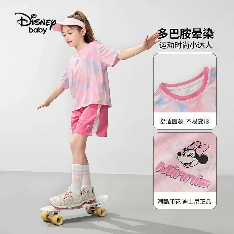 迪士尼(Disney)童装男女童套装个性印花短袖T恤透气运动短裤两件套夏篮球服套装 银河粉 140 高135-145cm重60-70斤