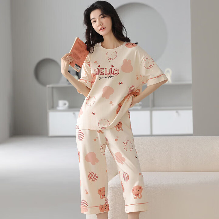 MiiOW睡衣女款夏天2026年新款夏季纯棉短袖夏款女士家居服两件套装 米色兔子 L 100-120斤