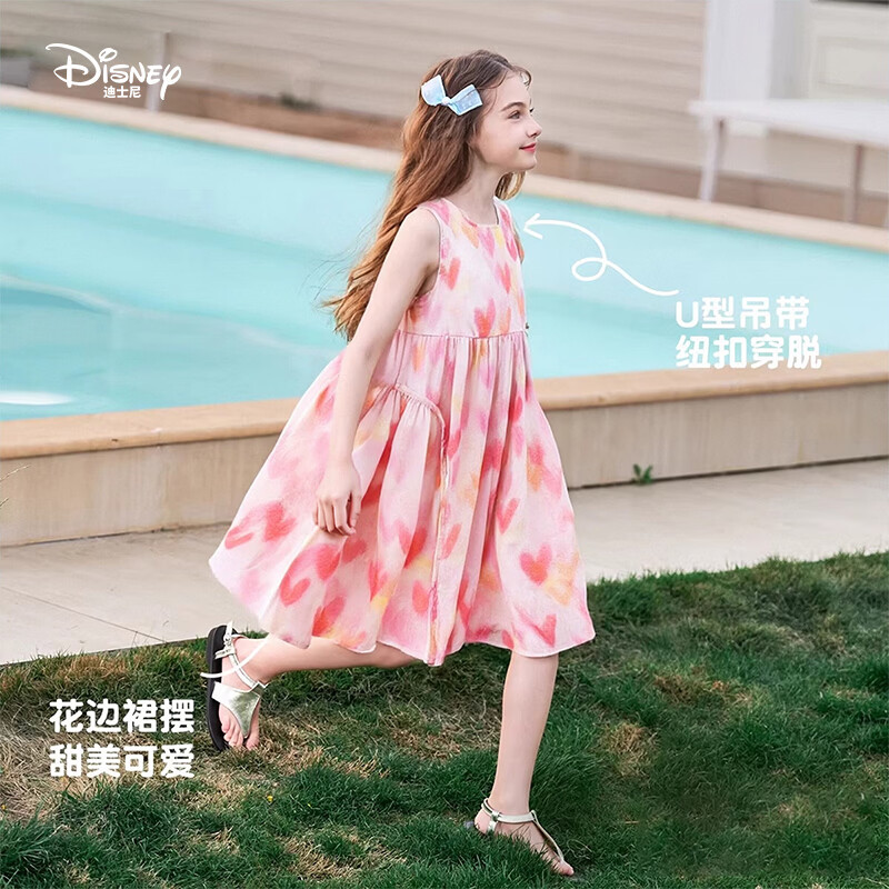 迪士尼（Disney）女童连衣裙2026夏季新款中大童女孩无袖薄款海边碎花公主裙子 粉色(043) 150 【建议身高145-155cm,体重70-85斤】