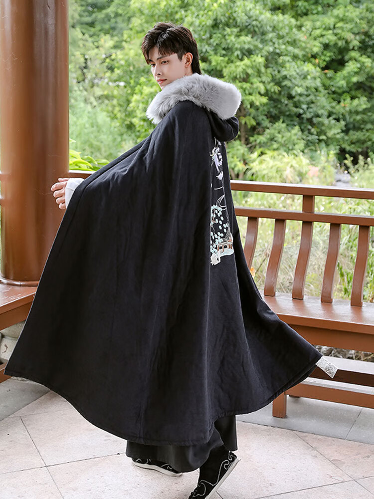 菲洛曼(feiluoman)汉服斗篷男冬季加绒加厚古装加长披风毛边连帽保暖