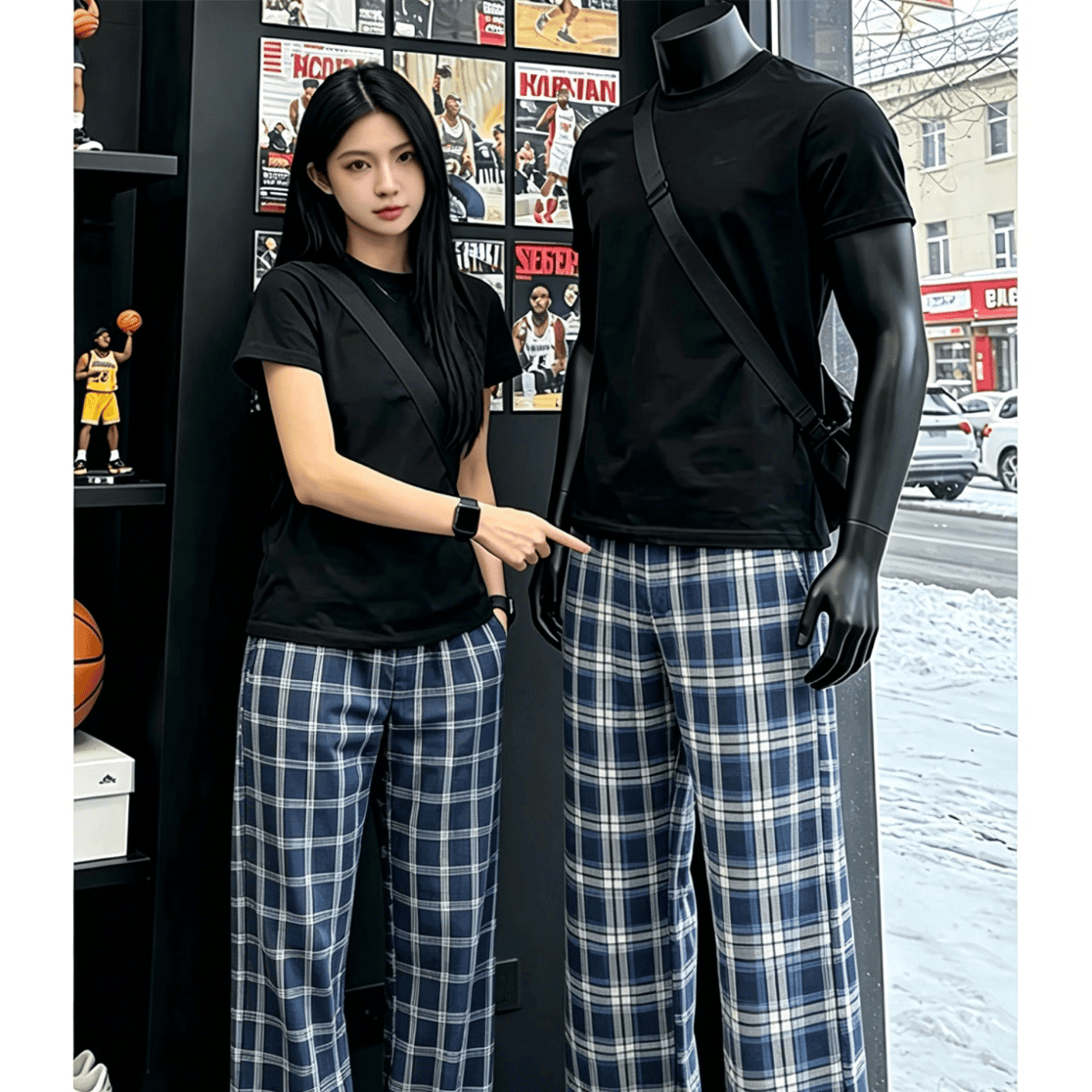 啄木鸟休闲裤男夏季新款美式复古格子裤子男女同款潮流百搭裤子夏季男裤 深蓝色 XL 建议130-150斤