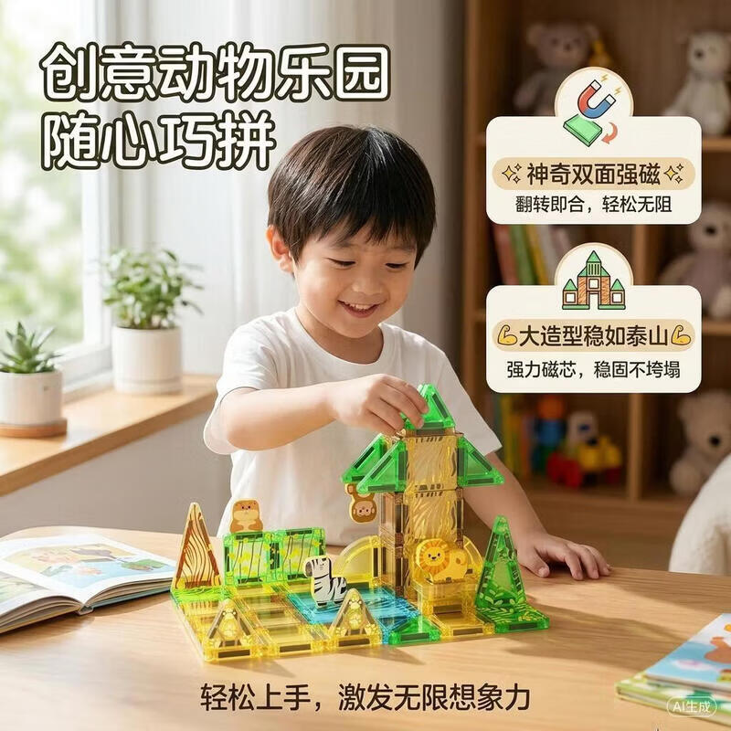 磁力片铁盒便携儿童彩窗磁力片积木益智拼搭男女孩六一节礼物 雪人城堡32片(送收纳盒)