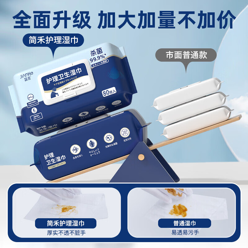 简禾(jianhe)中老年人护理湿巾卧床成人专用擦屁股洗屁股湿纸巾家庭实惠装 【护理湿巾】 80抽 3包