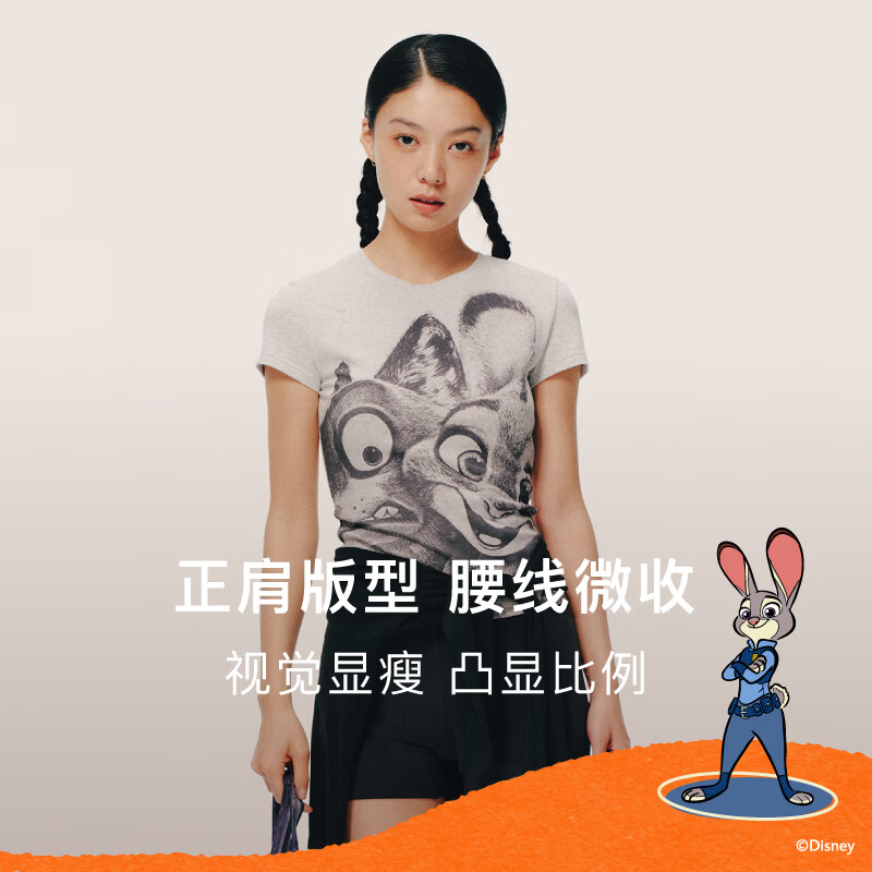 内外橙标迪士尼疯狂动物城合作明星同款好弹质正肩T恤女印花通勤 不驯花灰 M