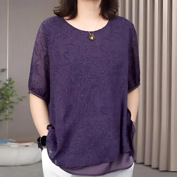中老年夏季时尚气质提花宽松短袖气质小衫女款大码百搭减龄宽松款 紫色 XL 130-145斤