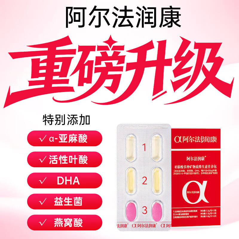 润康阿尔法孕妇维生素DHA活性叶酸铁锌硒多种维生素营养包90粒装(30天 润康DHA营养包 90粒*1盒 源码原盒防伪可查