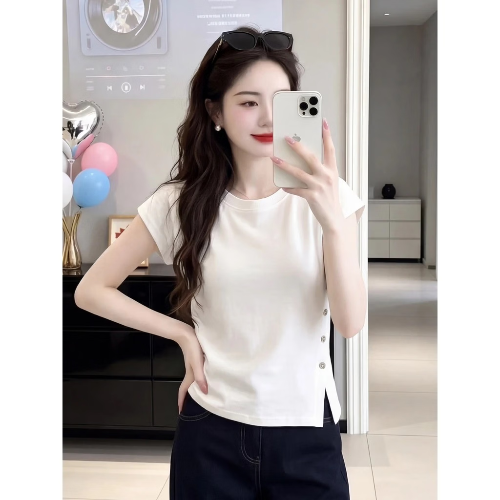 简约风白色纽扣开叉短袖T恤女夏季微胖mm大码百搭显瘦设计感上衣 白色 M 90-105斤