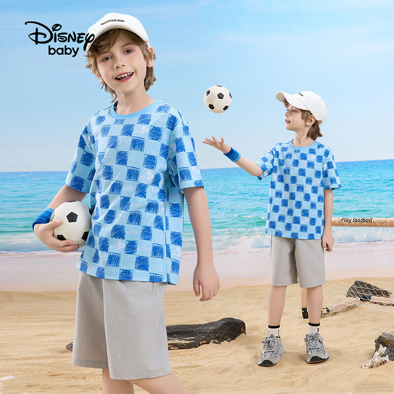 迪士尼（Disney）童装男女童运动套装夏新款跑步儿童短袖休闲两件套夏款上衣短裤 蓝底米奇格纹-纯棉 110 高105-115cm重30-40斤