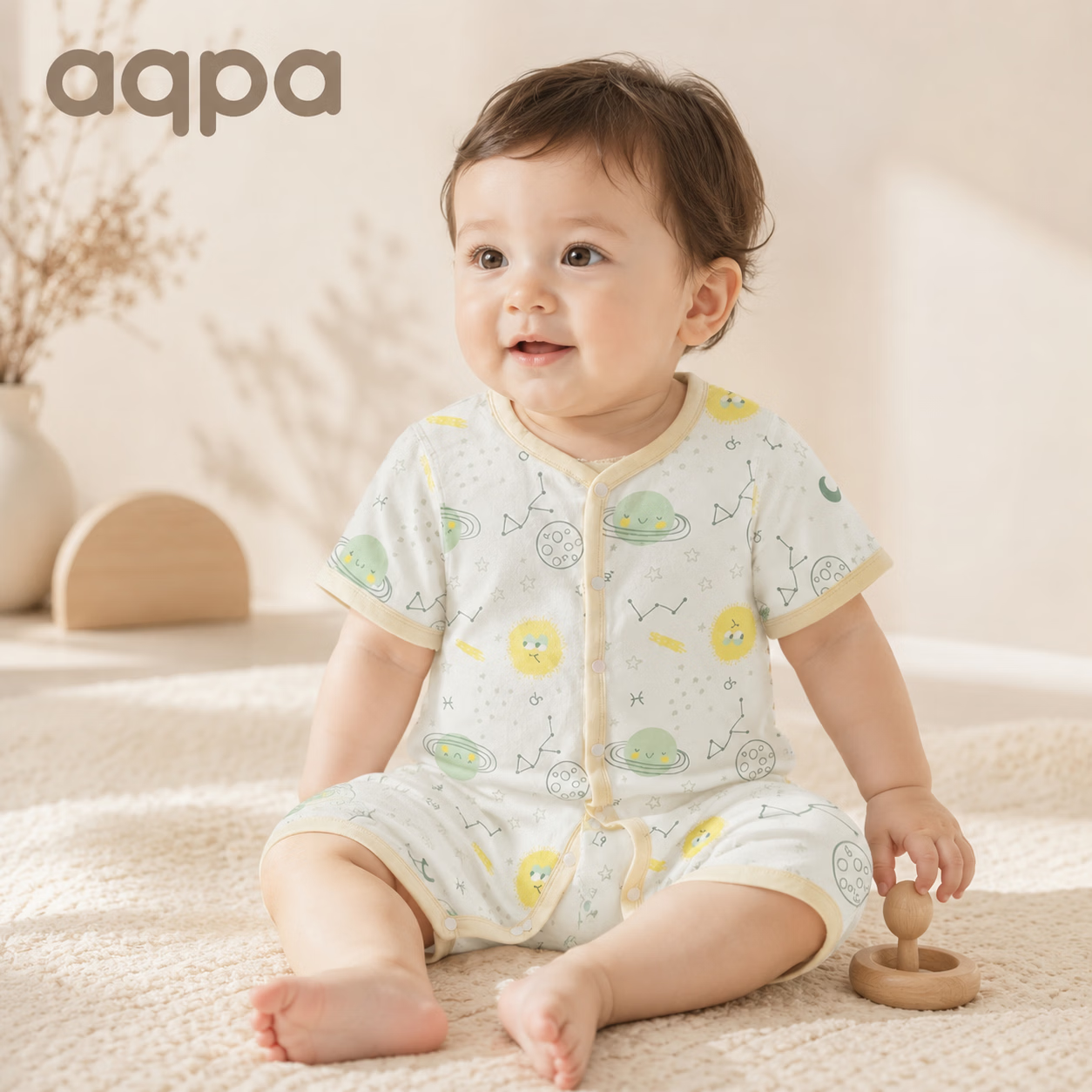 aqpa【新疆棉】婴儿纯棉连体衣婴幼儿爬服夏季新生宝宝衣服薄款哈衣 星际之旅-黄调 100cm