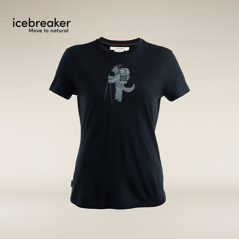 icebreaker100%美利奴羊毛女150 Tech Lite吸湿排汗印花短袖T恤 纯黑-0A575X001 L