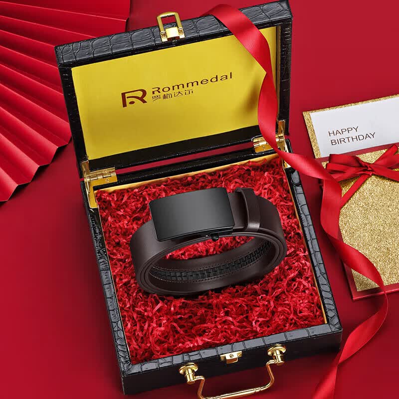 罗梅达尔(Rommedal)男士皮带牛皮商务休闲自动扣裤腰带父亲节生日礼物送爸爸长辈 咖啡色 120cm