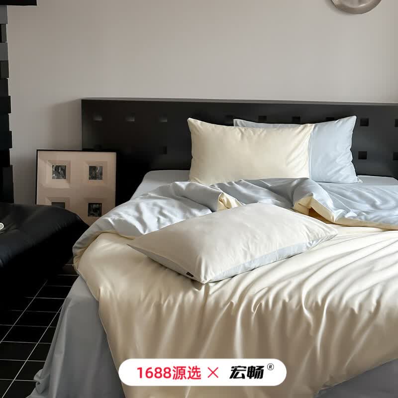 宏畅全棉100支新疆长绒棉纯色双拼四件套床单床笠款纯棉贡缎四件套 栀子蓝灰 床单款 1.2m床-三件套适用150*20