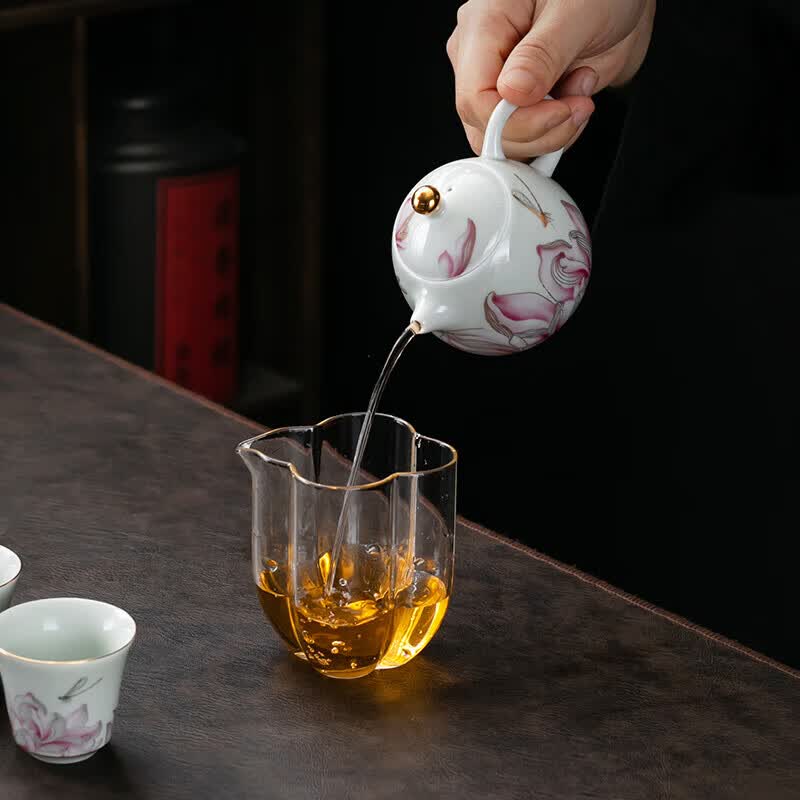 京峰阁 茶具套装 景德镇陶瓷盖碗茶壶茶杯整套高档轻奢家用礼物商务礼品 情投意荷粉盖碗茶壶套装(粉) 7人饮 11件