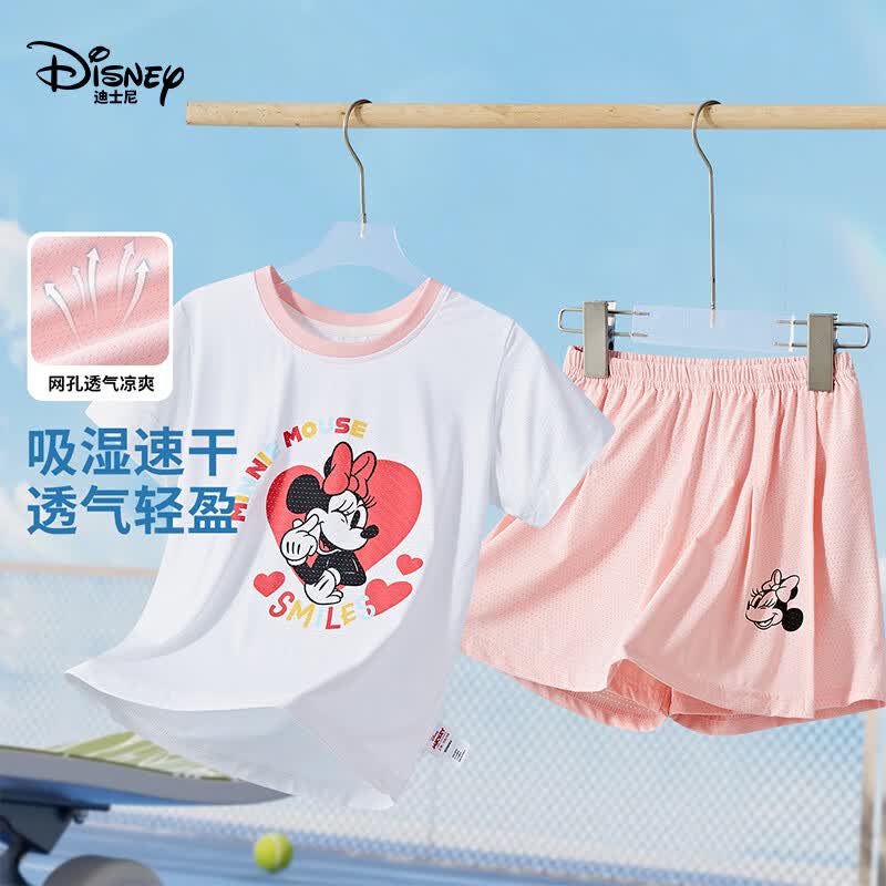 迪士尼(Disney)女童卡通印花短袖套装2026夏季新款运动速干t恤上衣短裤两件套 粉色(275) 110 【建议身高105-115cm,体重30-40斤】