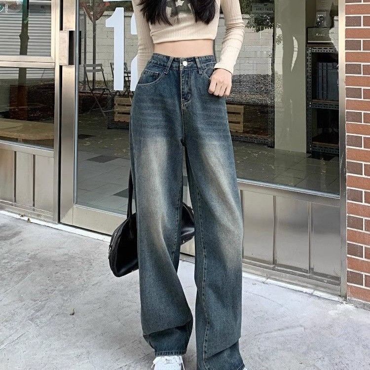 YOUNVFR美式复古水洗直筒牛仔裤女春夏新款高腰百搭垂感遮肉显瘦阔腿长裤 复古蓝 3XL 【建议138-155斤】