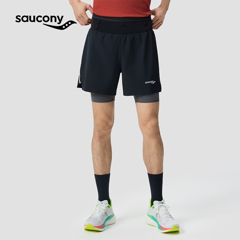 SAUCONY索康尼新品男子二合一双层跑步短裤跑步训练系列专业运动短裤 正黑色 XL