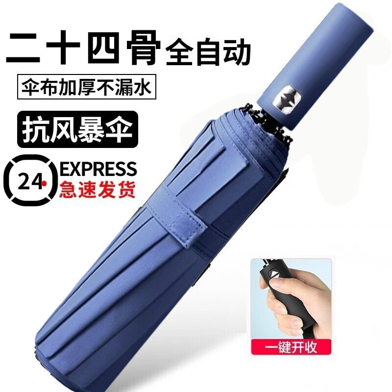 全自动雨伞男士商务折叠伞大号男女双人晴雨两用太阳伞遮阳伞24骨 雾蓝24骨双骨加固 全自动