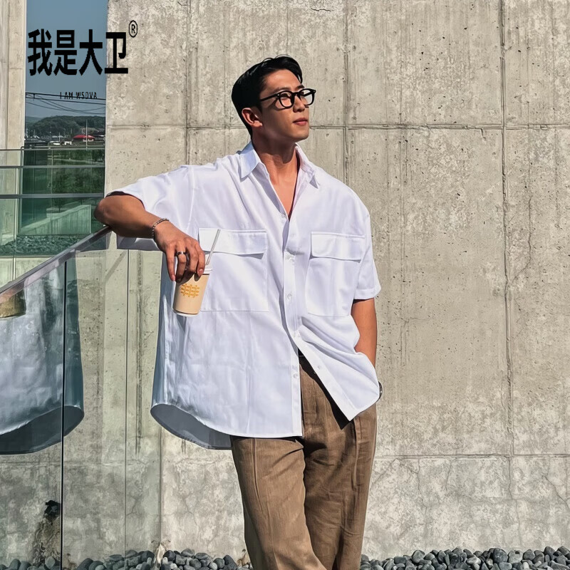我是大卫白色翻领工装男士衬衫美式高街日常休闲短袖宽松松弛感男友风 白色 XL