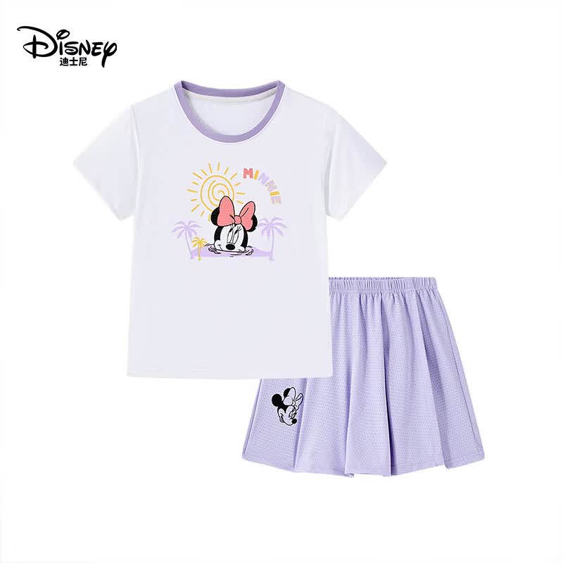 迪士尼(Disney)女童卡通印花短袖套装2026夏季新款运动速干t恤上衣短裤两件套 紫色(275) 160 【建议身高155-160cm,体重85-100斤】