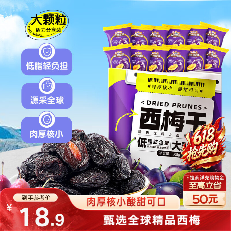 三只松鼠西梅干508g 梅子蜜饯果干果脯休闲零食小吃约100颗小包装