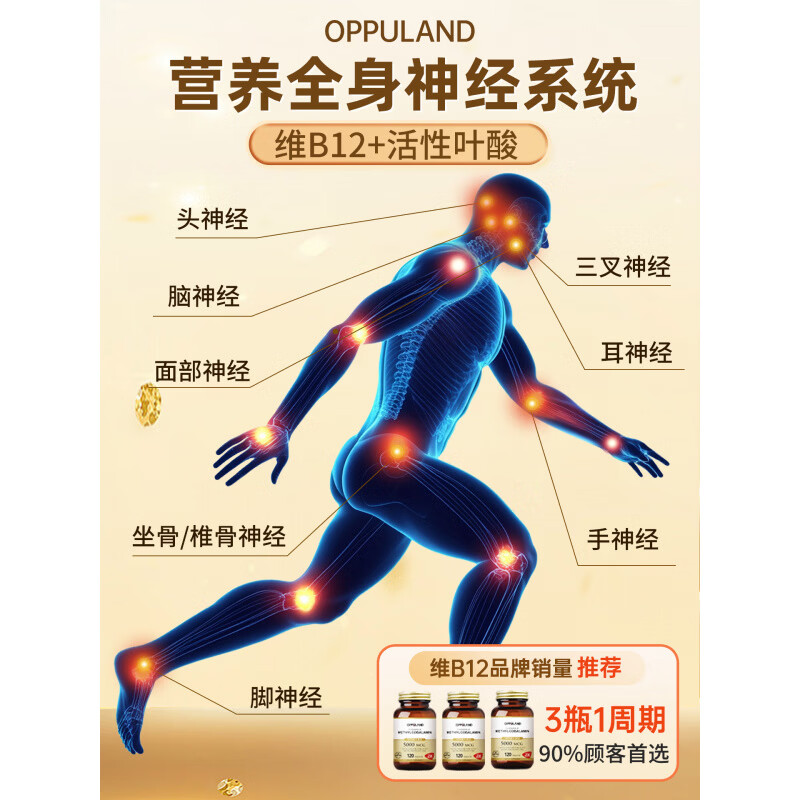 Oppuland甲钴胺营养神经美国进口B族叶酸片修复维生素b12 甲钴胺+叶酸【樱桃味】 1瓶装 140粒*1瓶