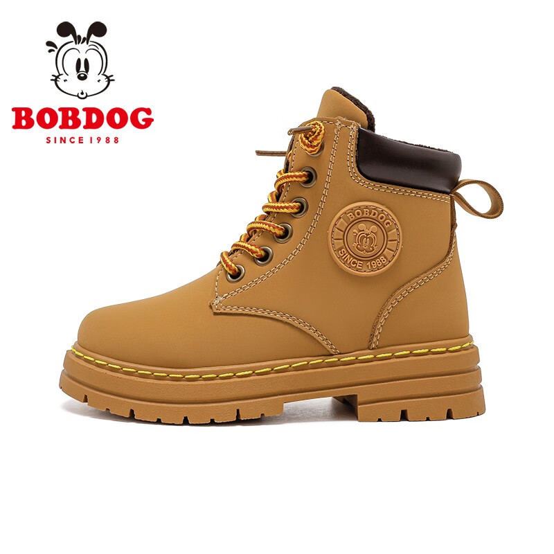 巴布豆（BOBDOG）男童鞋软底加绒二棉鞋儿童靴子冬季新款女童保暖马丁靴 卡其色 35 适合脚长21.2cm