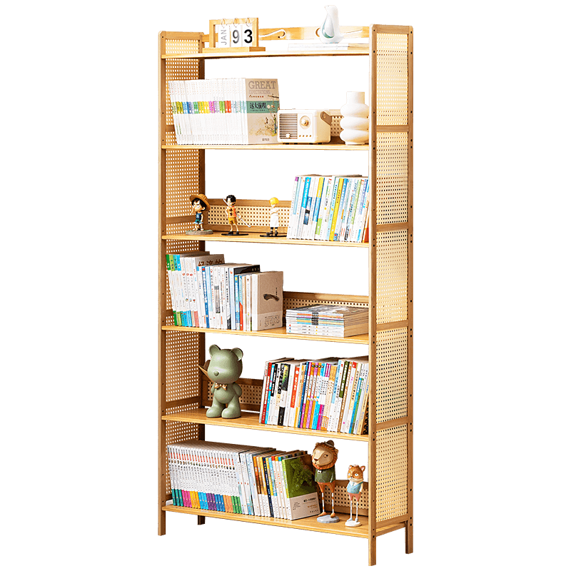 木马人家用简易书架落地图书馆客厅卧室办公室书房书柜多层飘窗储物收纳置物架子墙角立式窄柜绘本架展示架 【纯竹层板】五层70长(加高护栏)