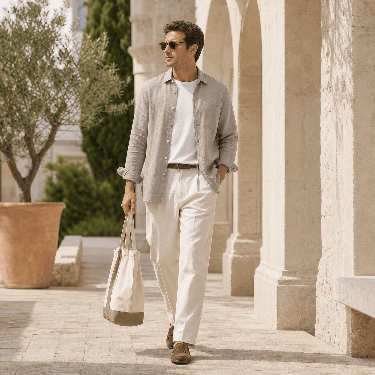 我是大卫亚麻长袖衬衫男夏季薄款透气复古英伦雅痞慵懒风衬衫外套 卡其色 L